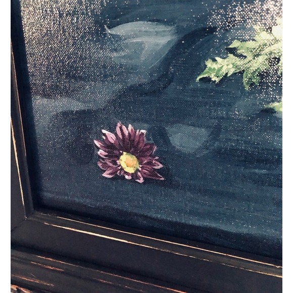 Floral Still Life Skull 20x24 Acrylic on Linen In Wood Mid century Modern Frame - Picture 5 of 7